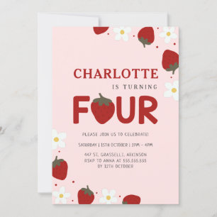 Daisy Strawberry Pink 4th Summer Birthday Invitation