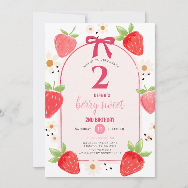 Daisy Strawberry Second Birthday Party Invite (Front)