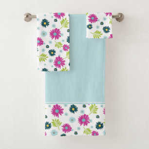 Daisy Stylised Pink Blue Flower Pattern Bath Towel Set