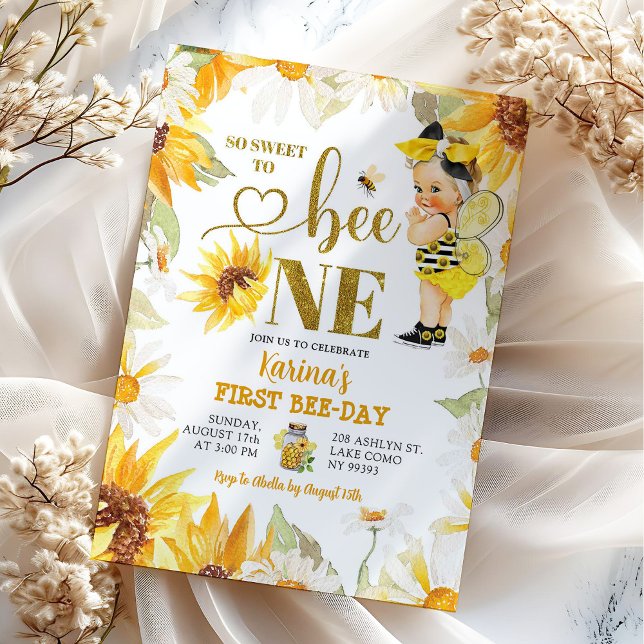 Daisy Sunflower Blonde Girl First Bee-Day Birthday Invitation (Creator Uploaded)