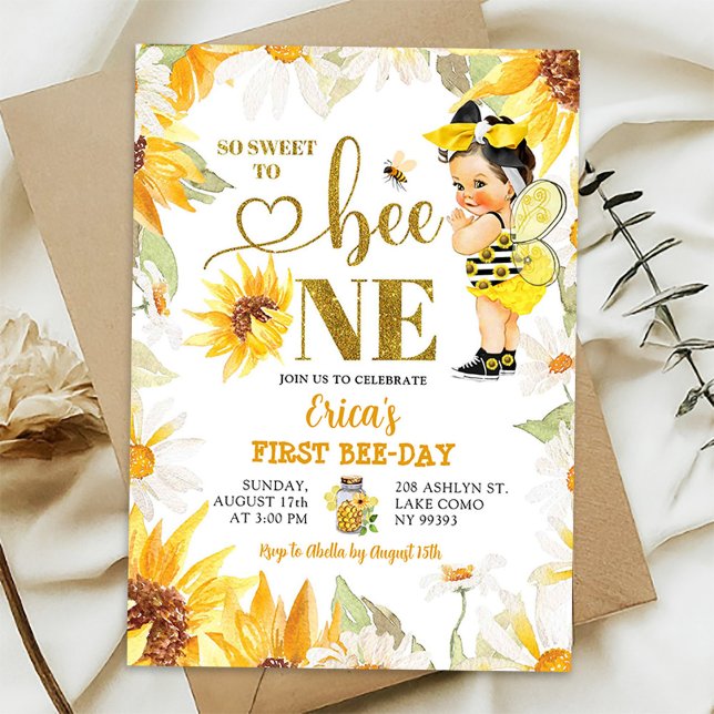 Daisy Sunflower Girl's First Bee-Day Birthday Invitation (Creator Uploaded)
