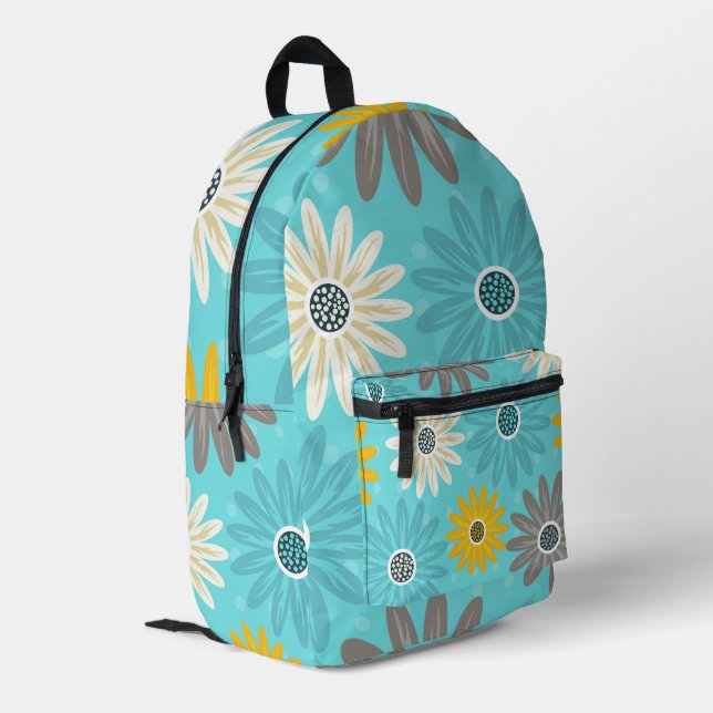 Daisy Teal Flower Pattern Backpack (Back Corner Left)