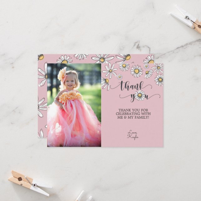 Daisy Thank You Photo Card - Pink (Front/Back In Situ)