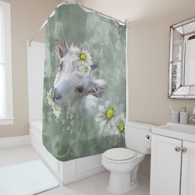 Daisy the Baby Goat Watercolor Portrait Shower Curtain (In Situ)