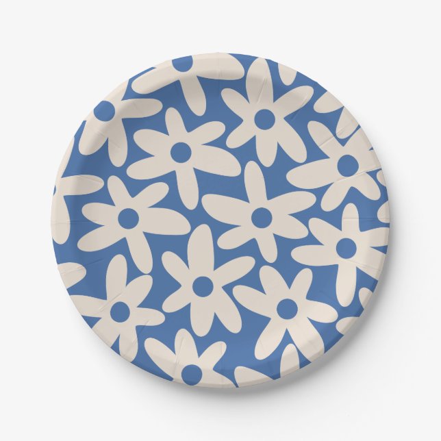 Daisy Time Cute Retro Floral Pattern in Blue Paper Plate (Front)