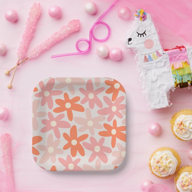 Daisy Time Cute Retro Floral Pattern Orange Pink Paper Plate (Party)