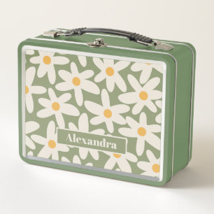 Daisy Time Retro Contemporary Sage Floral Pattern Metal Lunch Box
