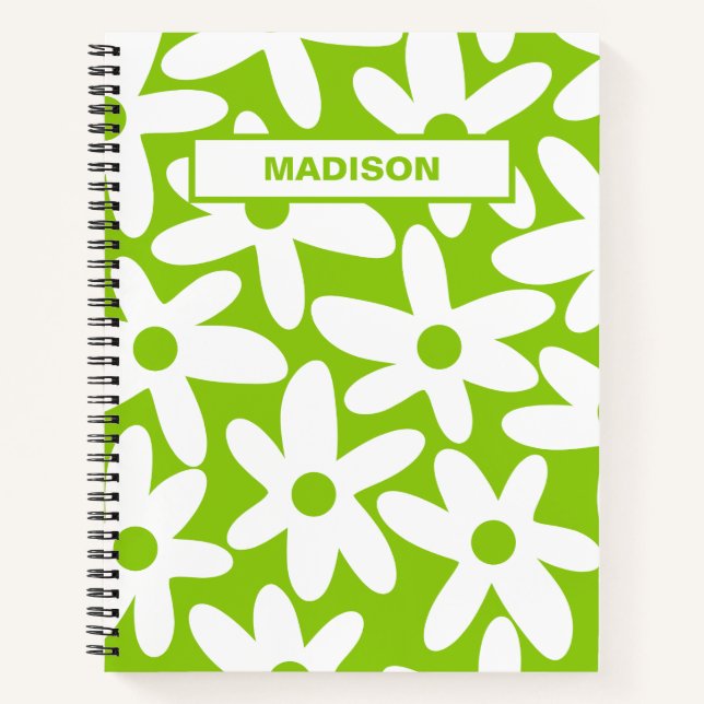 Daisy Time Retro Flower Pattern Lime Green Notebook (Front)