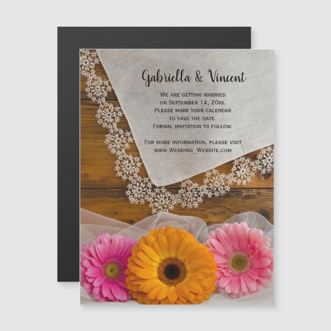 Daisy Trio and Lace Country Wedding Save the Date Magnetic Invitation (Front/Back)