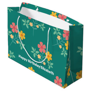 Daisy Vintage Bouquet Pattern in Green Customised  Large Gift Bag