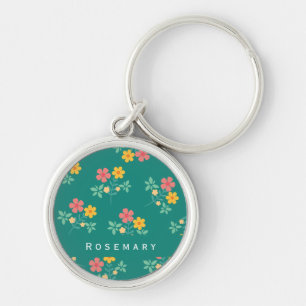 Daisy Vintage Bouquet Pattern in Green Key Ring