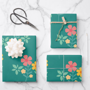 Daisy Vintage Bouquet Pattern in Green Wrapping Paper Sheet