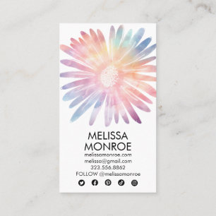 Daisy Watercolor Colourful w Social Media Icons Business Card