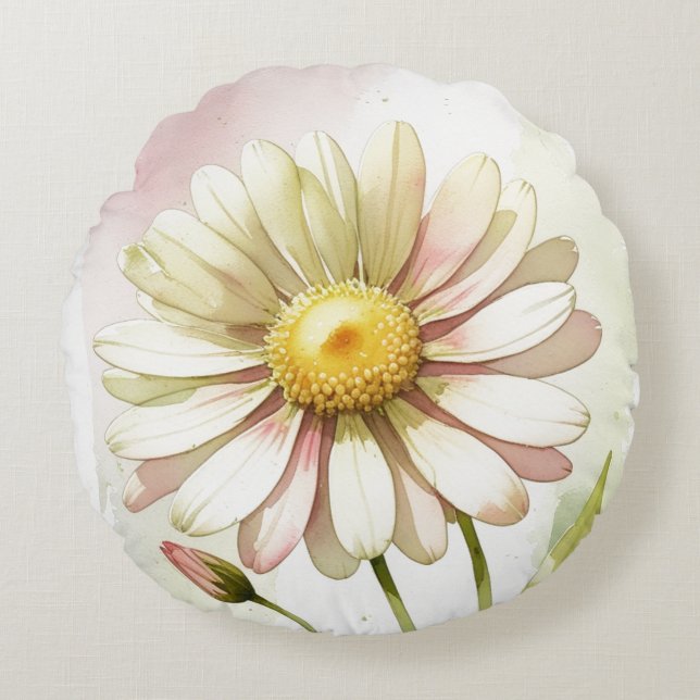 Daisy Watercolor Flower Modern Professional Round Cushion (Front)