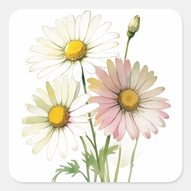 Daisy Watercolor Flower Modern Professional Square Sticker (Front)