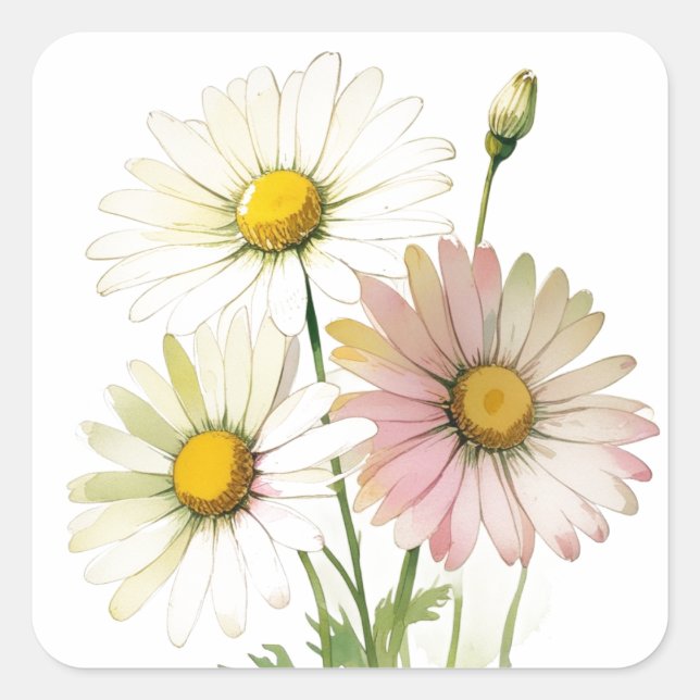 Daisy Watercolor Flower Modern Professional Square Sticker (Front)