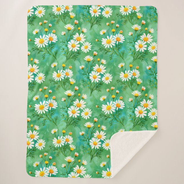 Daisy Whispers – Watercolor Meadow Pattern Sherpa Blanket (Front)