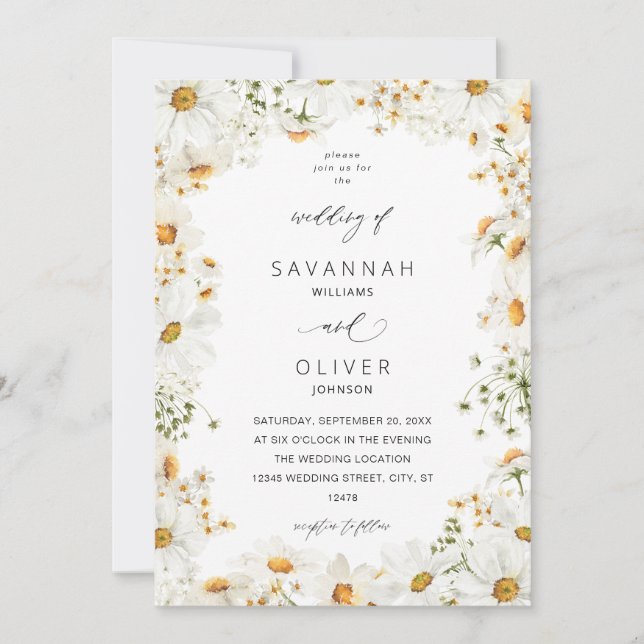 Daisy White Floral Wedding Invitation (Front)