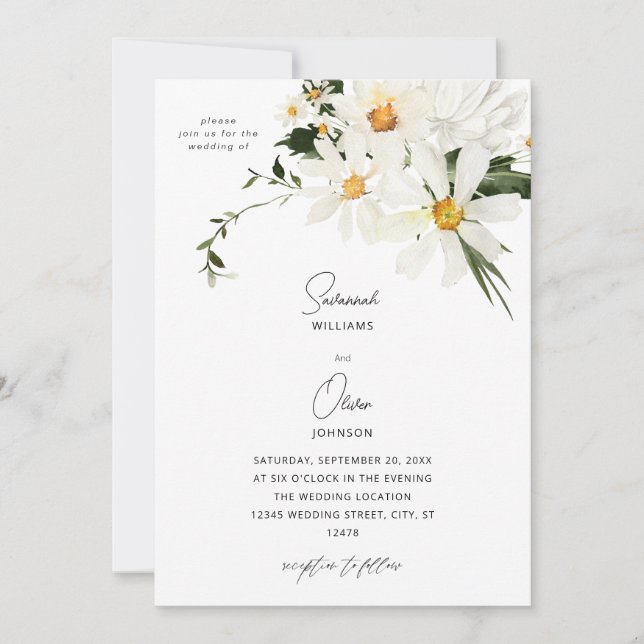 Daisy White Floral Wedding Invitation v2 (Front)