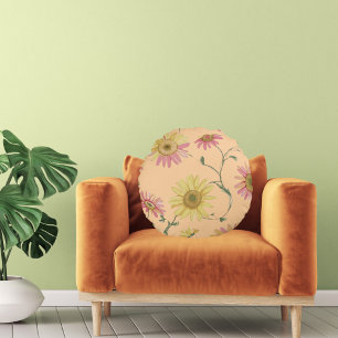 Daisy Wild flower Pink & Yellow Pattern on Round Cushion