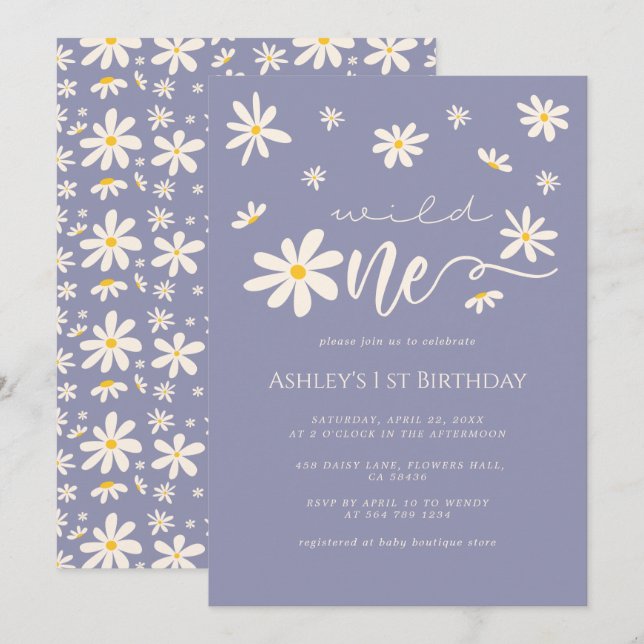 Daisy Wild One 1st Birthday Boho Purple  Invitation (Front/Back)