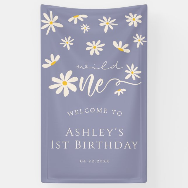 Daisy Wild One 1st Birthday Purple Welcome Sign (Vertical)