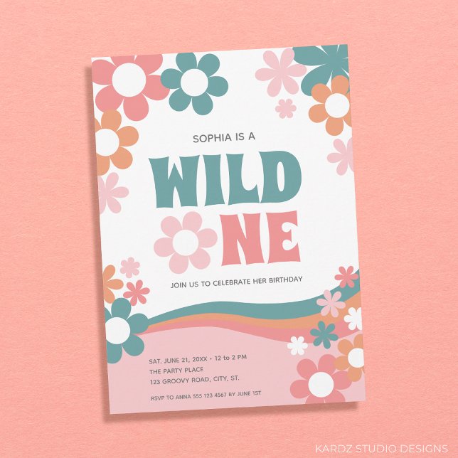 Daisy Wild One Girl 1st Birthday Invitation (1st Birthday Party Girl, Wild One Theme, personalized invitation. Retro Daisies with trendy colors)