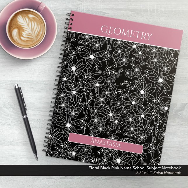 Daisy Wildflower Black Pink Name School Subject Notebook (Floral Black and Pink School Subject Notebook: Personalize Your Name, Customize the School Subject)