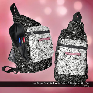 Daisy Wildflower Black White Pattern & Pink Name Sling Bag