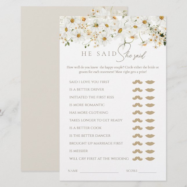 Daisy Wildflower Bridal Shower He or She Game (Front/Back)