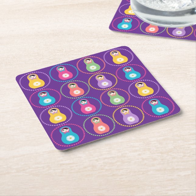 Daisyflower Matryoshka Square Paper Coaster (Angled)