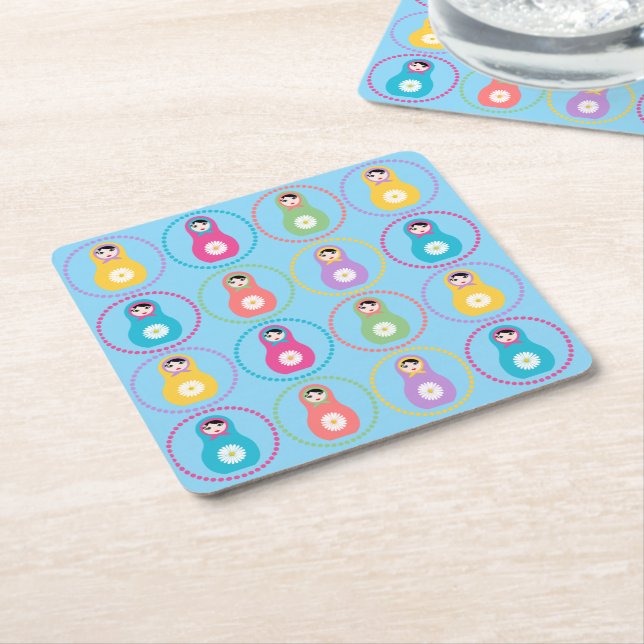 Daisyflower Matryoshka Square Paper Coaster (Angled)