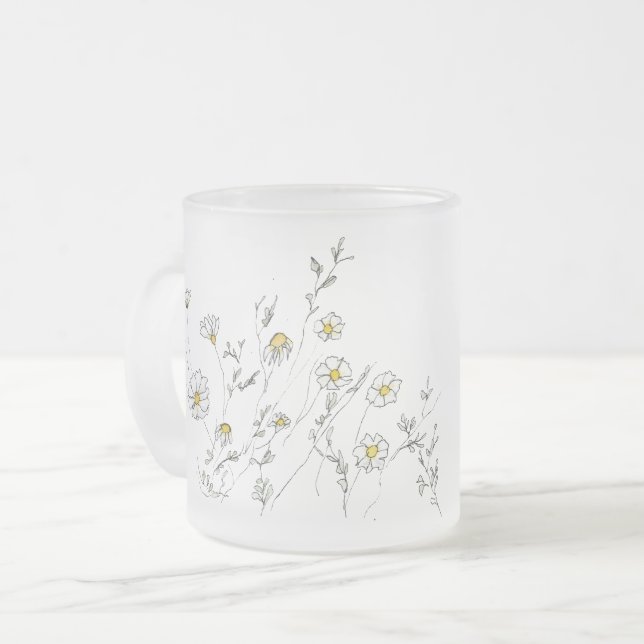 Daisy's - White Watercolor Dasies Frosted Glass Coffee Mug (Front Left)