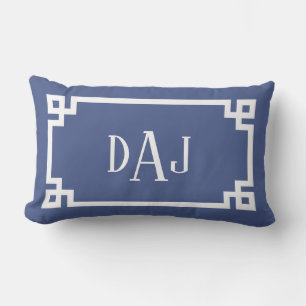 DAJ Blue and White Greek Key Script Monogram Lumbar Cushion