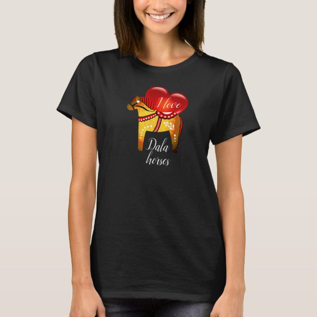 Dala folk horse, black/red/yellow/white red heart T-Shirt (Front)