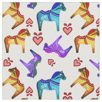 Dala folk horse blue/red/pink/purple/green, hearts fabric