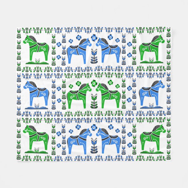 Dala folk horse, Nordic/Norwegian, blue/green Fleece Blanket (Front (Horizontal))