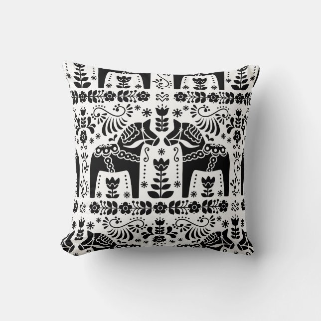 Dala Horse, Black & White Folk Print Cushion (Front)
