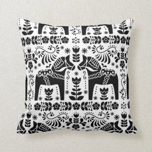 Dala Horse, Black & White Folk Print Cushion
