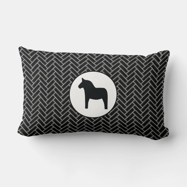 Dala Horse Black White Herringbone Throw Pillow (Back)