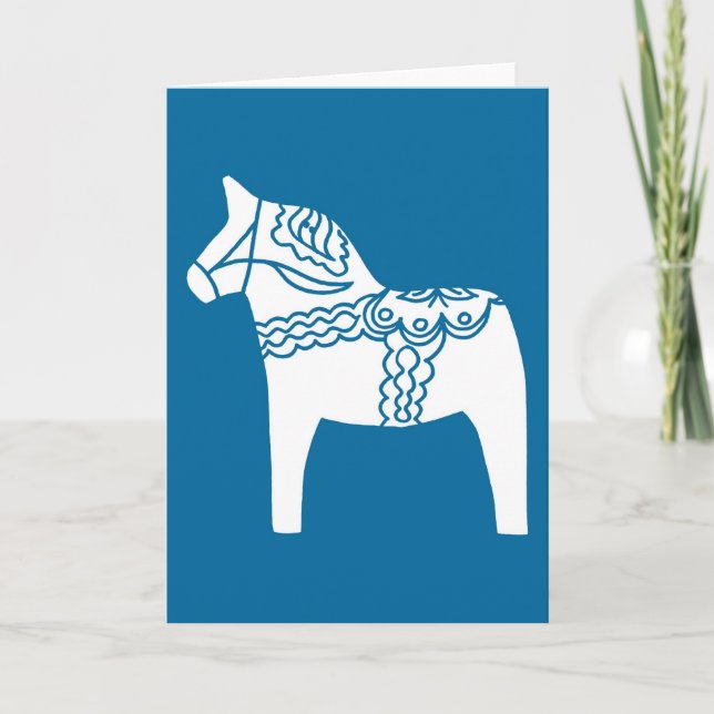 Dala Horse Blue Holiday Card (Front)