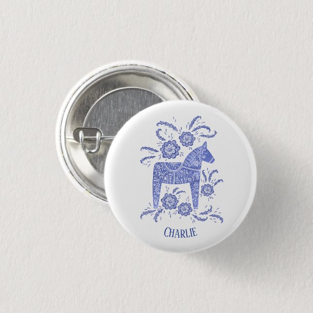 Dala Horse Blue Swedish Folk Art Custom Name 3 Cm Round Badge (Front & Back)