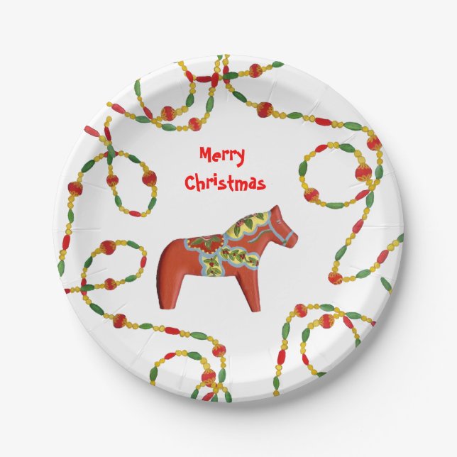 Dala Horse Christmas Paper Plate (Front)