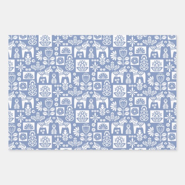 Dala Horse Collage Periwinkle Wrapping Paper Sheet (Front)