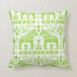 Dala Horse, Lime Green Folk Print Throw Pillow