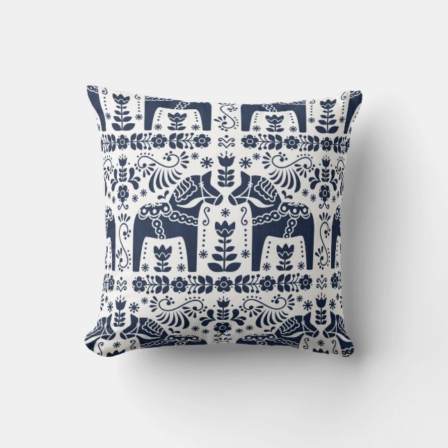 Dala Horse, Navy Blue & White Folk Print Cushion (Front)