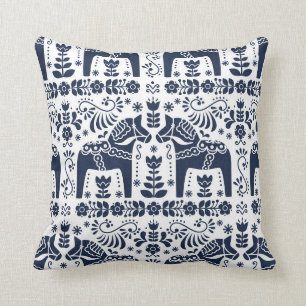 Dala Horse, Navy Blue & White Folk Print Cushion