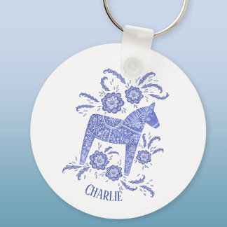Dala Horse Swedish Folk Art Blue Custom Name Key Ring