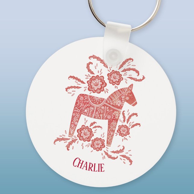 Dala Horse Swedish Folk Art Custom Name Key Ring (Red and white Swedish Dala Horse personalized name aluminium keyring keychain)