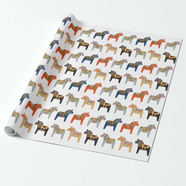 Dala Horse Swedish Folk Art Pattern Wrapping Paper (Unrolled)